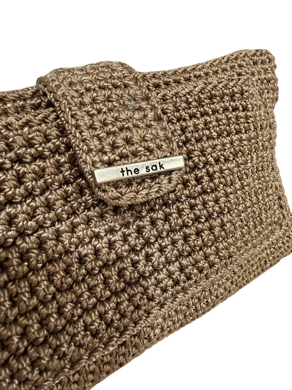 The Sak Brown Tan Wristlet Nylon Clutch Blue Lined Silver Hardware Crochet Strap